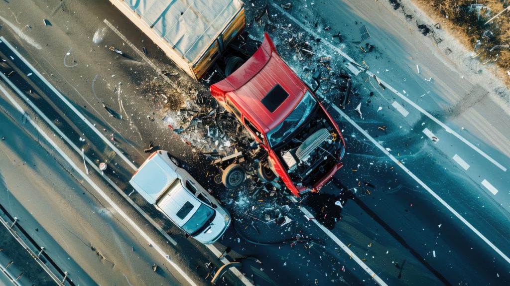 High angle view of dangerous car accident on road, truck, top view of collision in Seattle