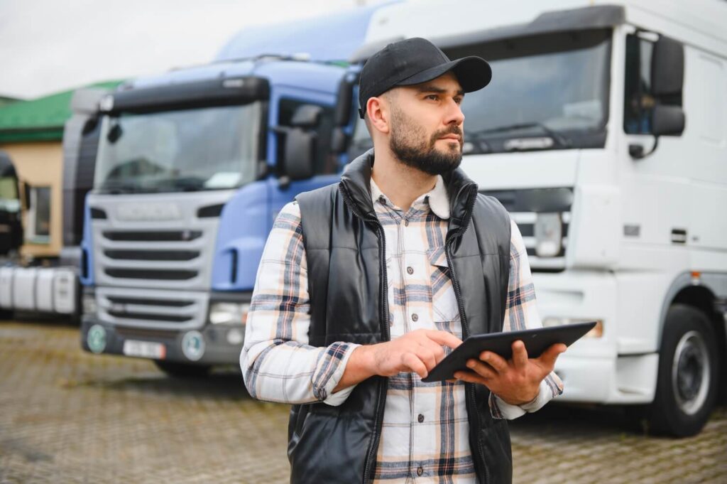 Freight broker filling documents beside commercial semi trucks
